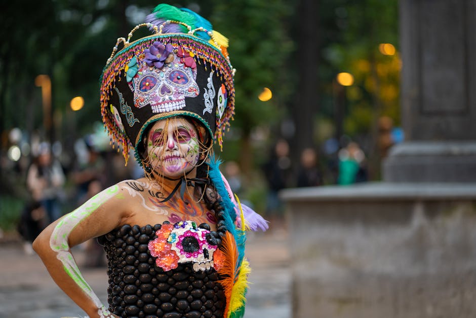 Vibrant Catrina costume display in Mexico City, celebrating Mexican culture and traditions.
